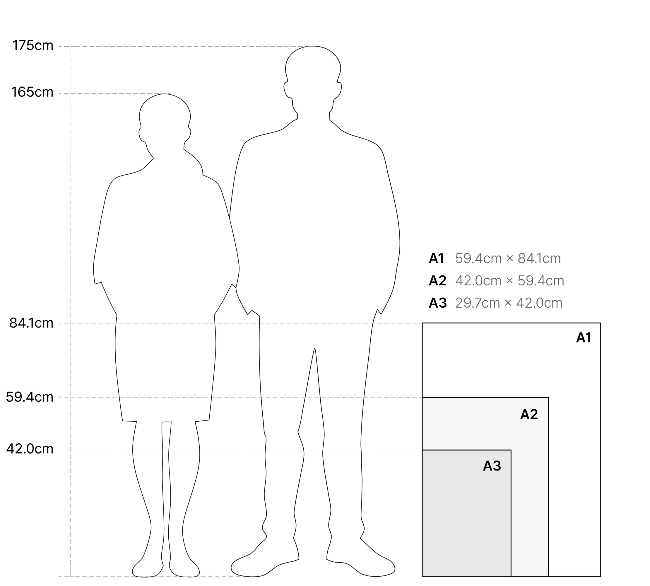 성인 키 대비 A1·A2·A3 액자 크기 비교
